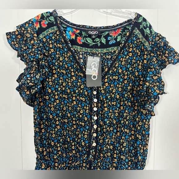 NWT GiGio USA Ruffle Sleeve Floral Boho Romper Half Button Size L elastic Waist - Picture 2 of 9